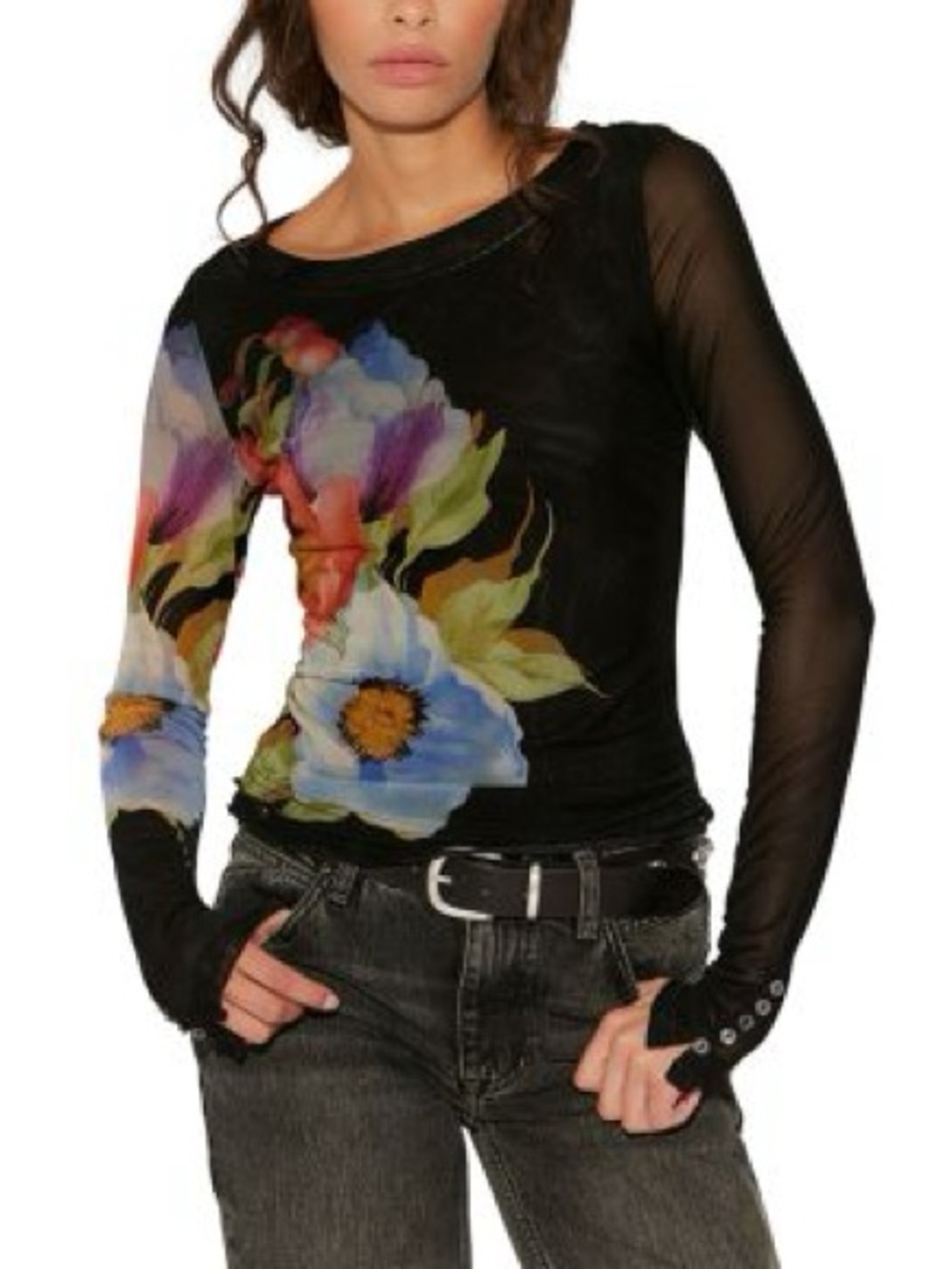 Free People black and multicolored floral mesh long sleeve top size small